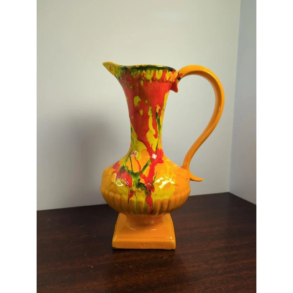 Vintage MCM Psychedelic Drip Glaze Ewer Vase Orange Retro Atomic Pottery 931 USA